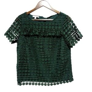 Talbots RSVP Blouse Womens S Petite Dark Green Crochet Overlay Short Sleeve Top